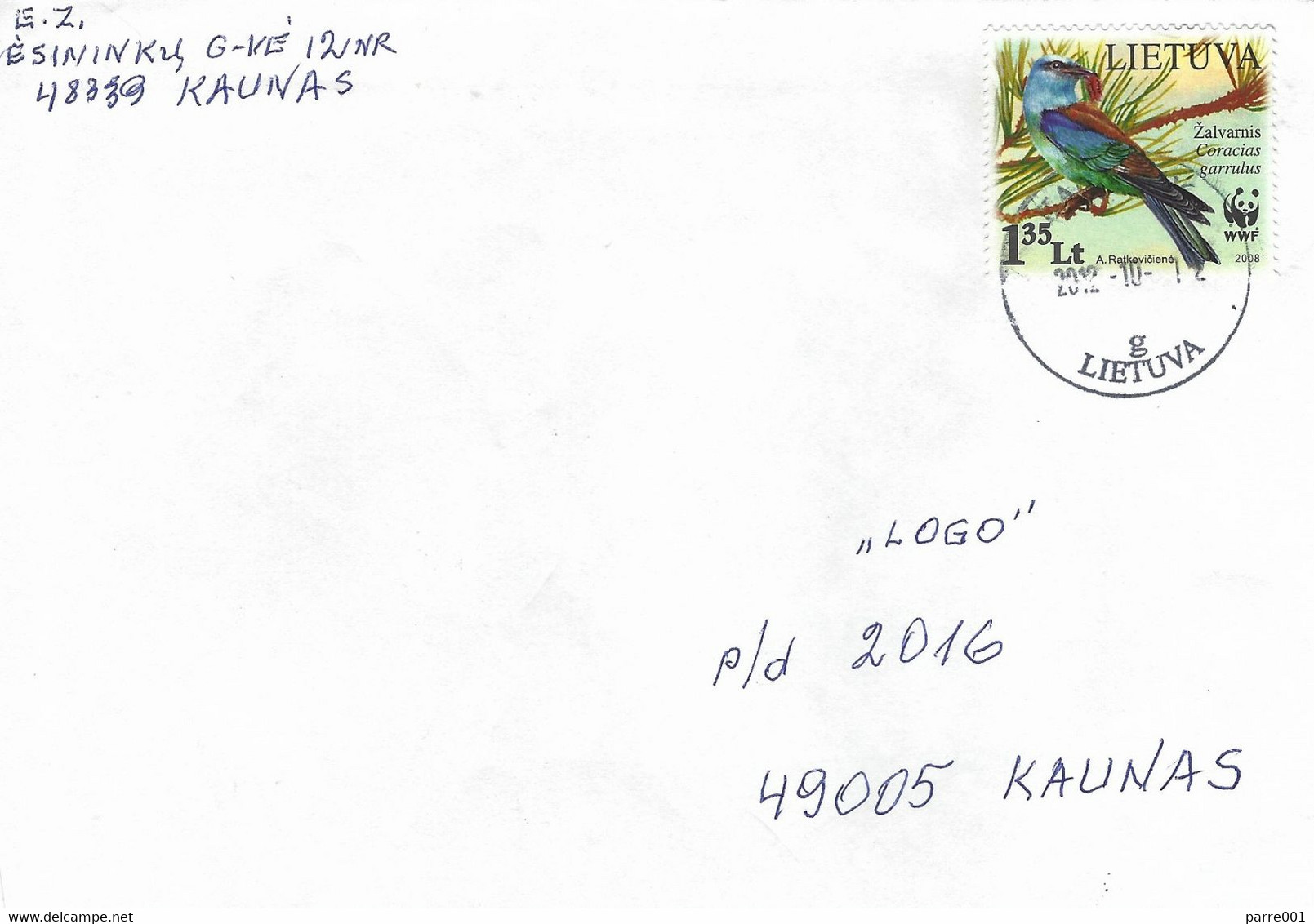 Lithuania 2012 Kaunas WWF European Roller Coracias Garrulus Bird Cover - Storia Postale