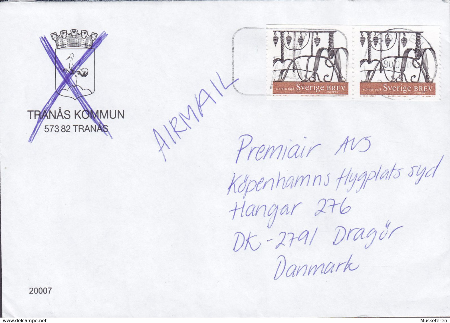 Sweden TRANÅS KOMMUN Cachet (Erased) POSTEN Cover Brief DRAGØR Denmark 2x Slöjden 2-Sided Perf. Stamps - Brieven En Documenten