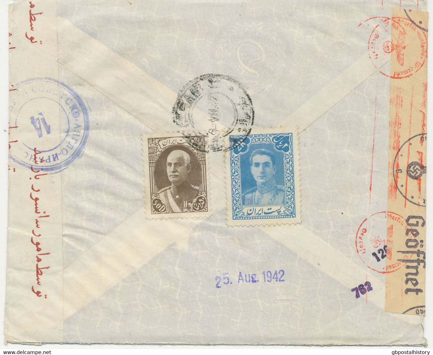 IRAN 1942 Int. Pra.-Zensur-Bf. N. Bern M. Iranische, Russische, Anglo-Sowjetische Und Mehrfache Nazi-Zensur, Sehr Selten - Irán