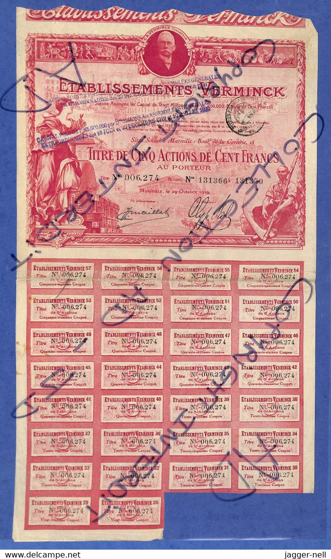 Titre De 5 ACTIONS 100 Francs Étab. VERMINCK - Planche Incomplète N°006274 Marseille 29 Octobre 1919 - COL-AD100 - S - V