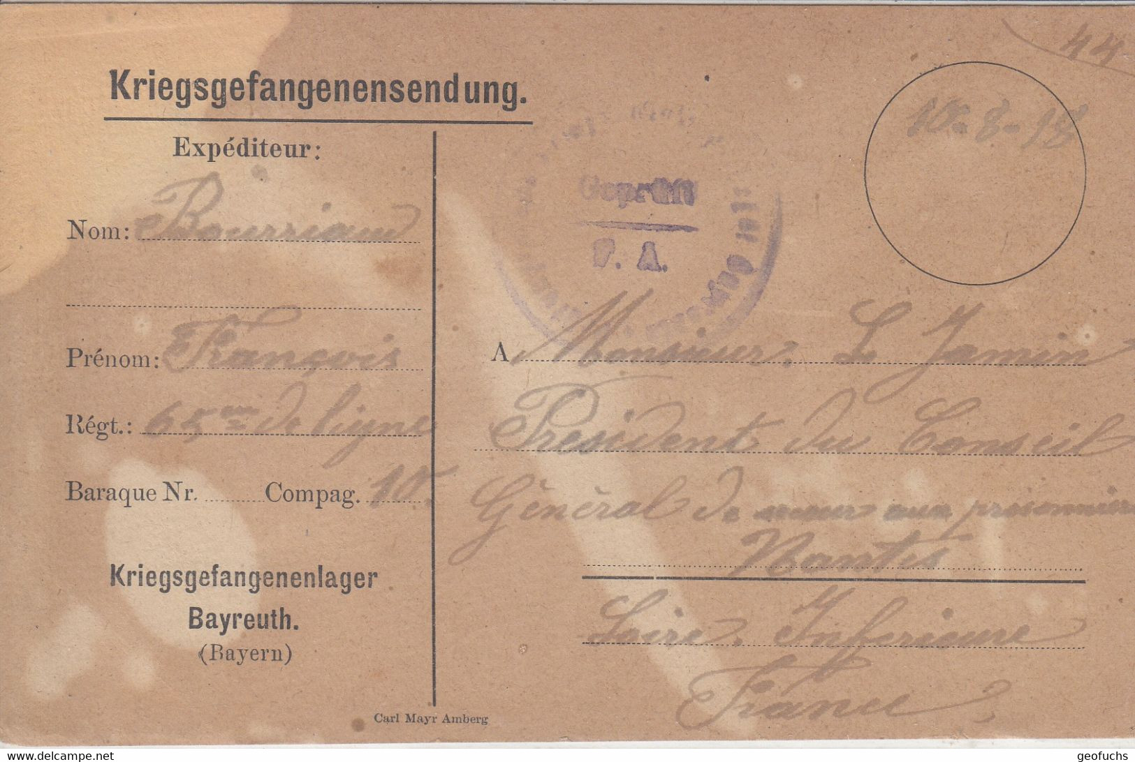 Carte En Franchise Militaire Allemande Pour PG Français Du Camp De BAYREUTH (Bavière) écrite Le 10.8.18 - Guerra De 1914-18