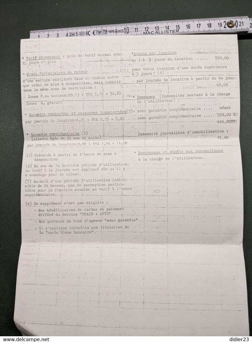 1977 SNCF LOCATION DE VOITURE TARIF PHOTOCOPIE - Chemin De Fer