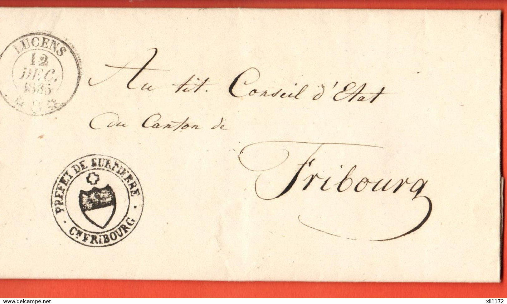 ZPU-38 UNIQUE Lettre De Deux Pages Ecrite Par Le Préfet De Surpierre Canton De Fribourg,Cachet Lucens 1835 - ...-1845 Voorlopers