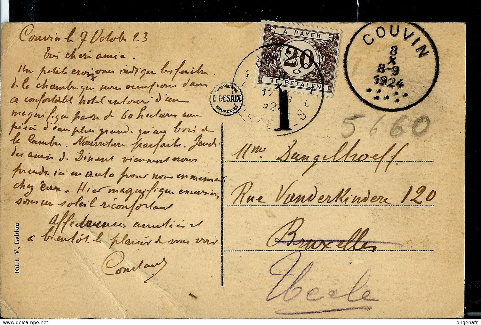 Carte-vue  (Couvin: Grand Hôtel Du Parc St-Roch) Obl. COUVIN 08/10/1924 + Taxé  à Bxl - Otros & Sin Clasificación