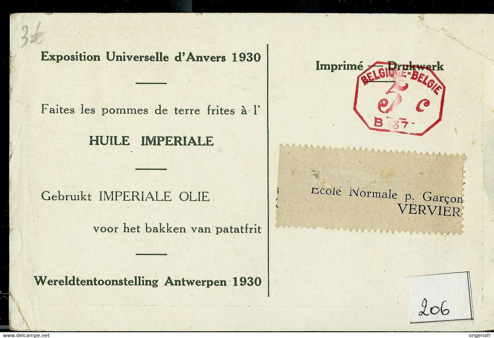 Carte-vue  (Huile Impériale - Expo Uni. De Anvers 1930) Obl MR  ( B 37 ) Pour Verviers - ...-1959