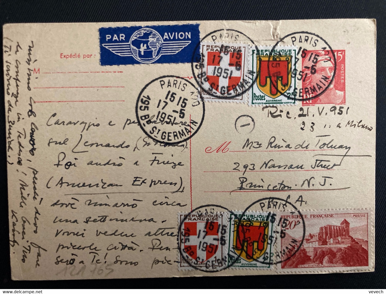 CP EP M. DE GANDON 15F + TP COMMINGES 20F + AUVERGNE 2F X2 + SAVOIE 1F X2 OBL.17-5 1951 PARIS 120 Pour USA Par Avion - 1921-1960: Modern Period