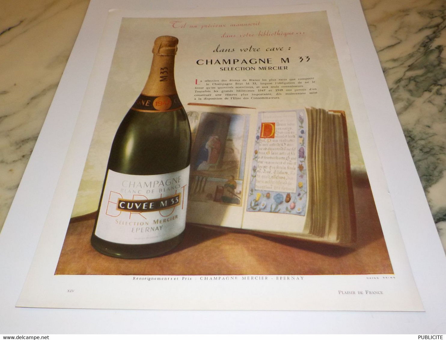 ANCIENNE PUBLICITE M 33 CHAMPAGNE SELECTION MERCIER 1954 - Alcools