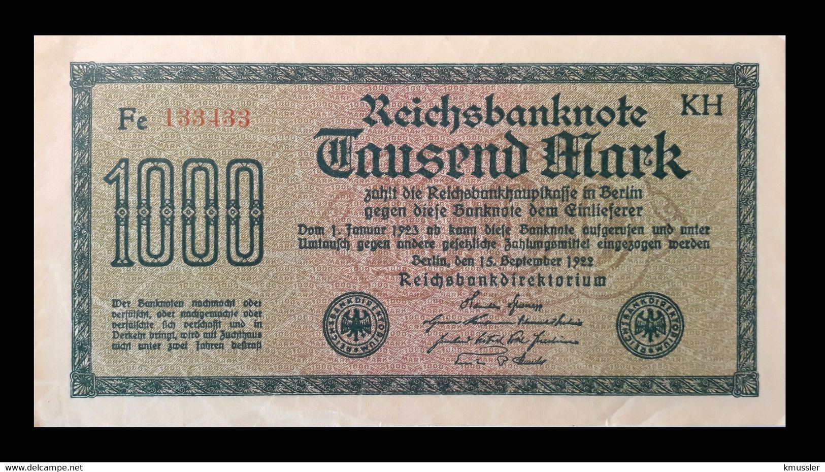 # # # Banknote Germany (Dt. Reich) 1.000 Mark 1922 UNC # # # - 1000 Mark