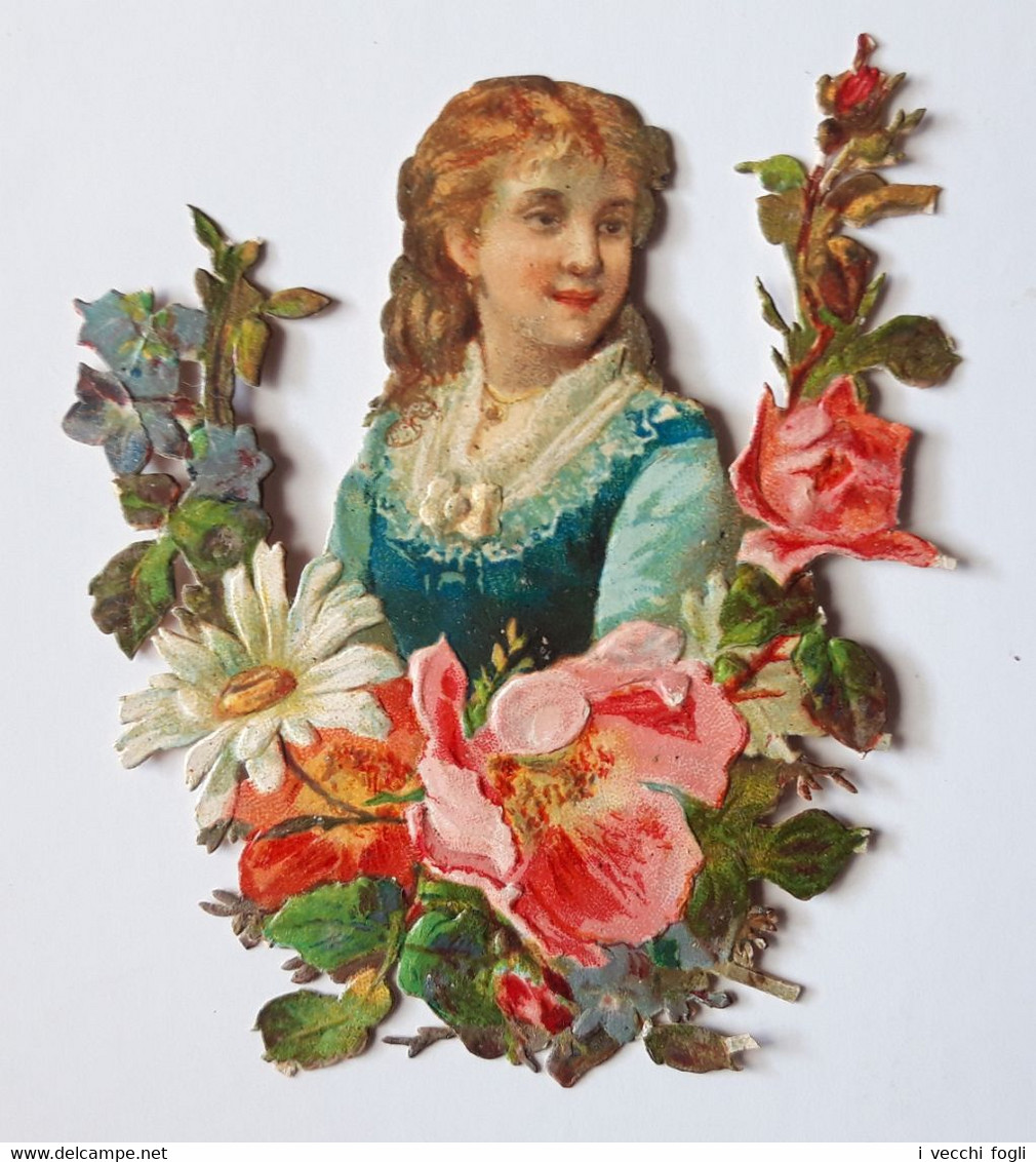 Découpi Ancien Chromo. Oblate Victorian Scrap. Immagine Fustellata. Jeune Fille Parmi Les Fleurs. Girl Among The Flowers - Enfants
