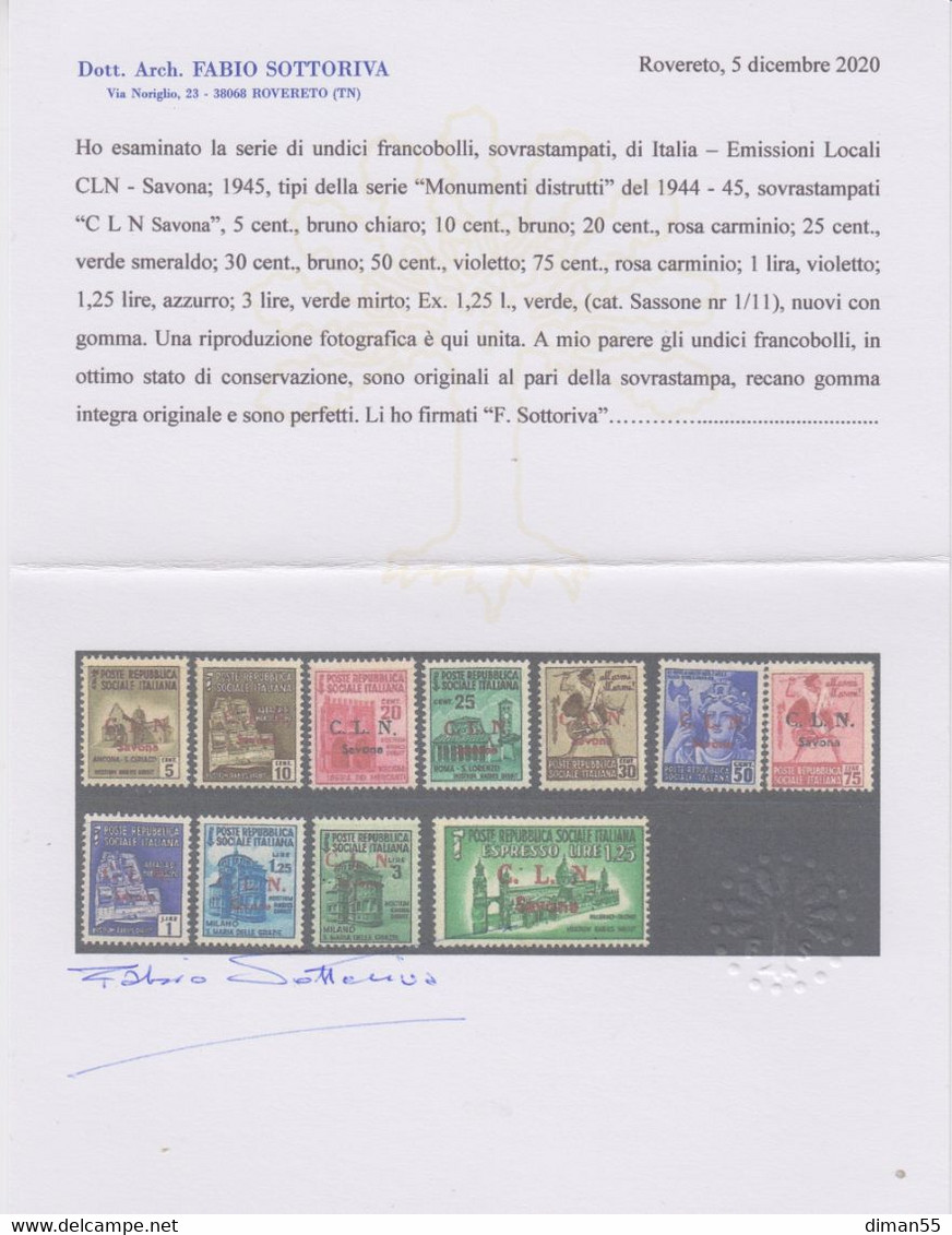 ITALIA - C.L.N.Savona N.1-11 Cat.1000€ Certificato Sottoriva - GOMMA INTEGRA - MNH** - Centraal Comité Van Het Nationaal Verzet (CLN)