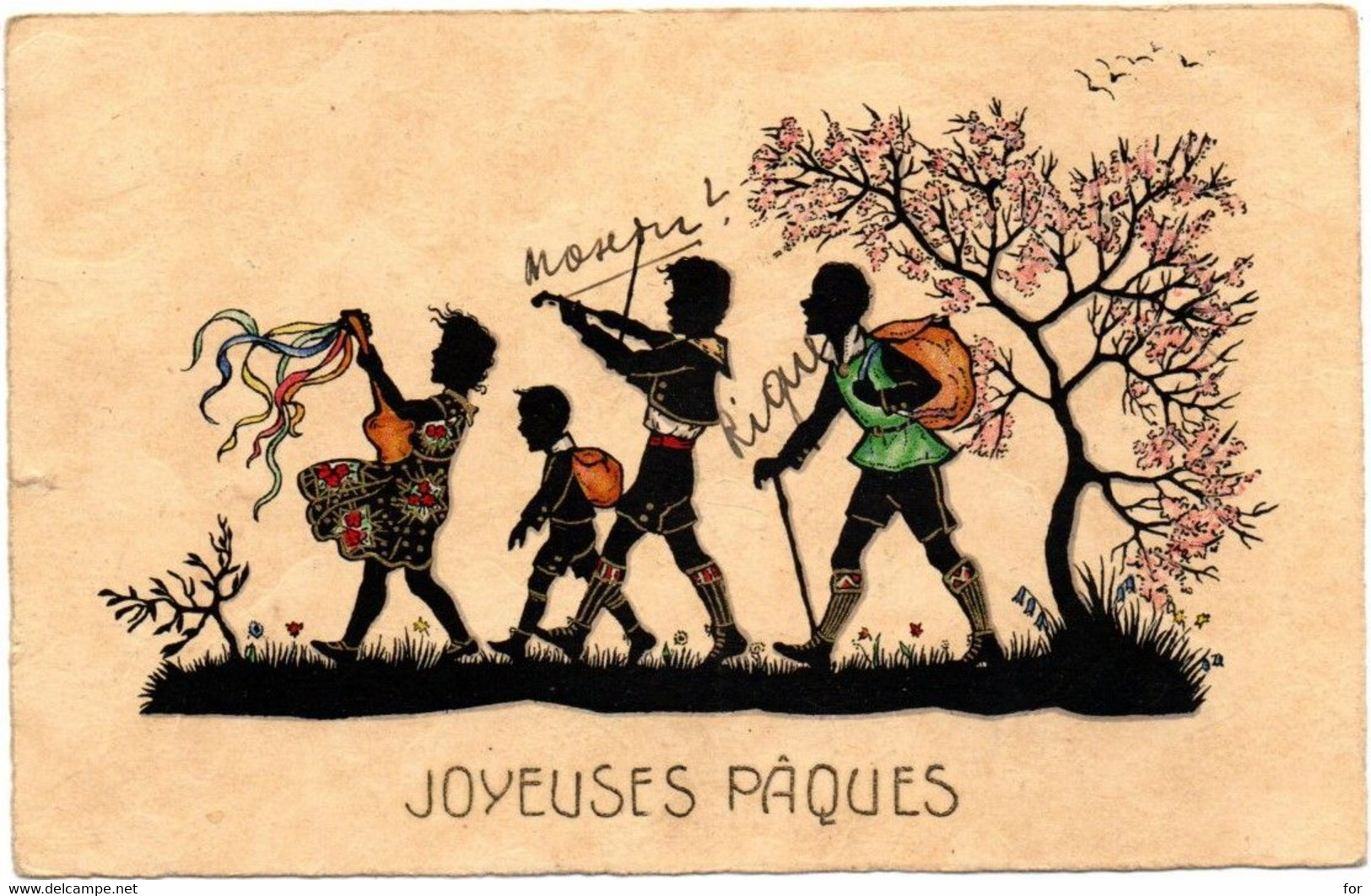 Silhouettes : Joyeuses Pâques : Groupes D'enfants Jouant De La Musique : Voir  Cachet Au Dos : Illustrateur à Identifier - Silhouettes