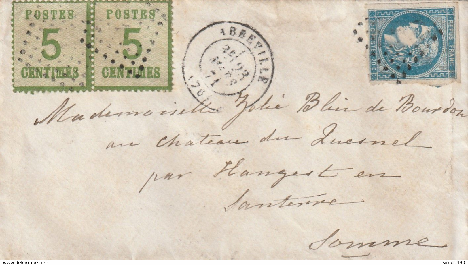 Enveloppe D'Abbeville à Hangest-en-Santerre - 1871 - 1849-1876: Klassieke Periode