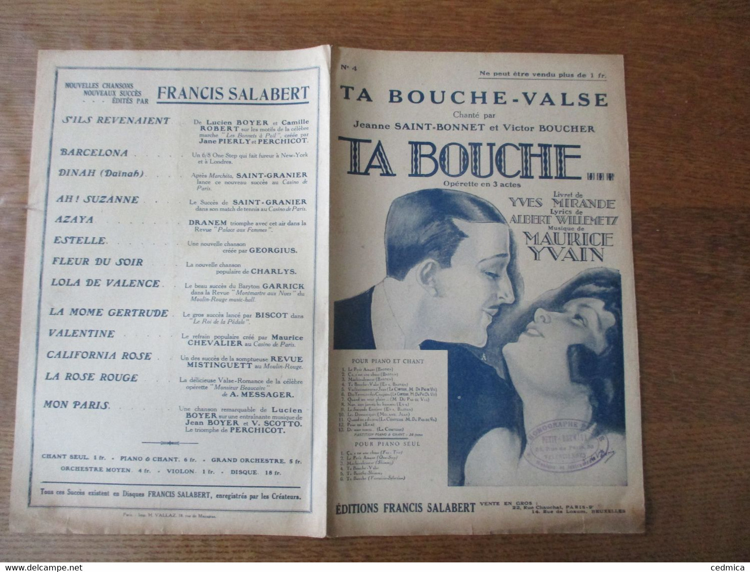 TA BOUCHE-VALSE  LYRICS DE ALBERT WILLEMETZ MUSIQUE MAURICE YVAIN - Noten & Partituren