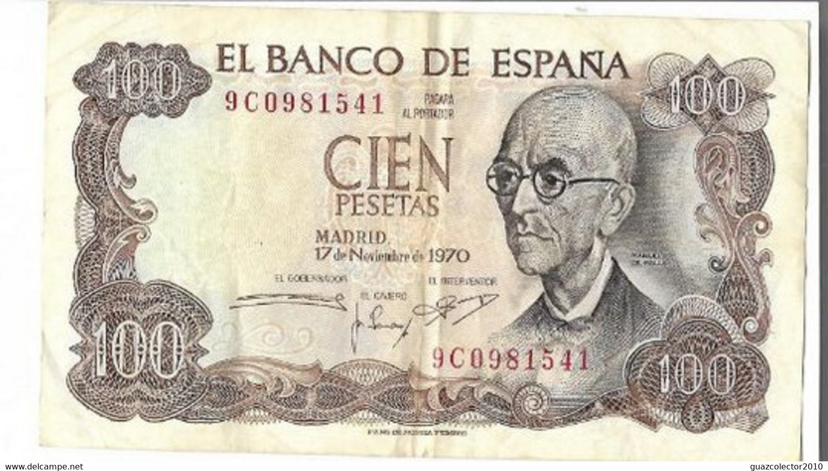 ESPAÑA: 100 PESETAS FRANCO (MANUEL DE FALLA). AÑO 1970. SERIE 9C. RC+. IDEAL. - 100 Pesetas