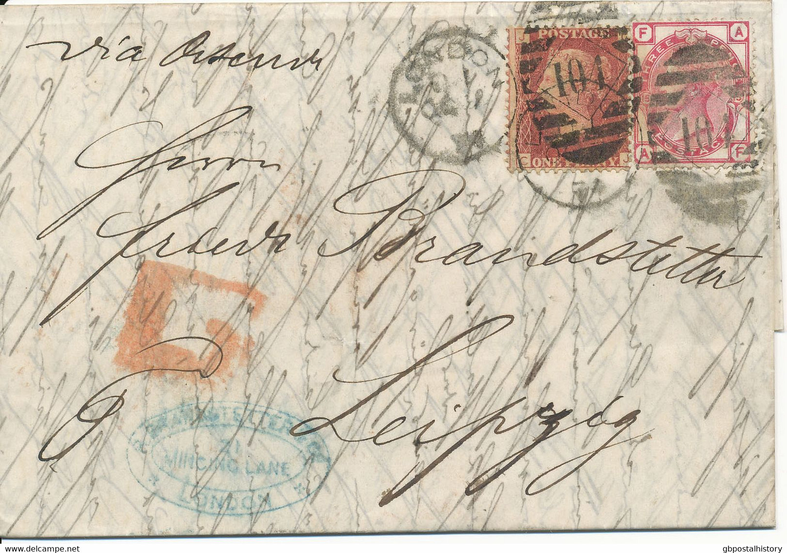 GB 1874, QV 3d Pl.15 (AF) And 1d Pl.145 (CJ) On Very Fine Late-Fee-Cover (red L1) To Leipzig (SG 143/4 +43/4) - Covers & Documents