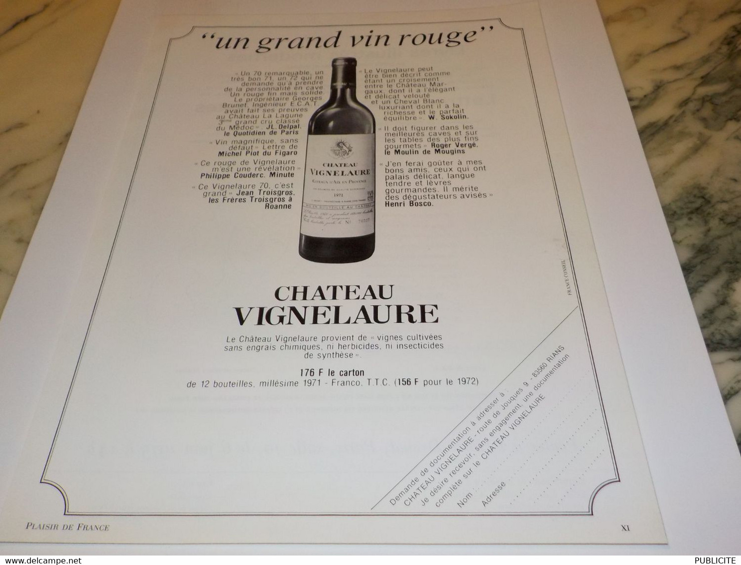 ANCIENNE PUBLICITE  GRAND VIN ROUGE CHATEAU VIGNELAURE  1975 - Alcools