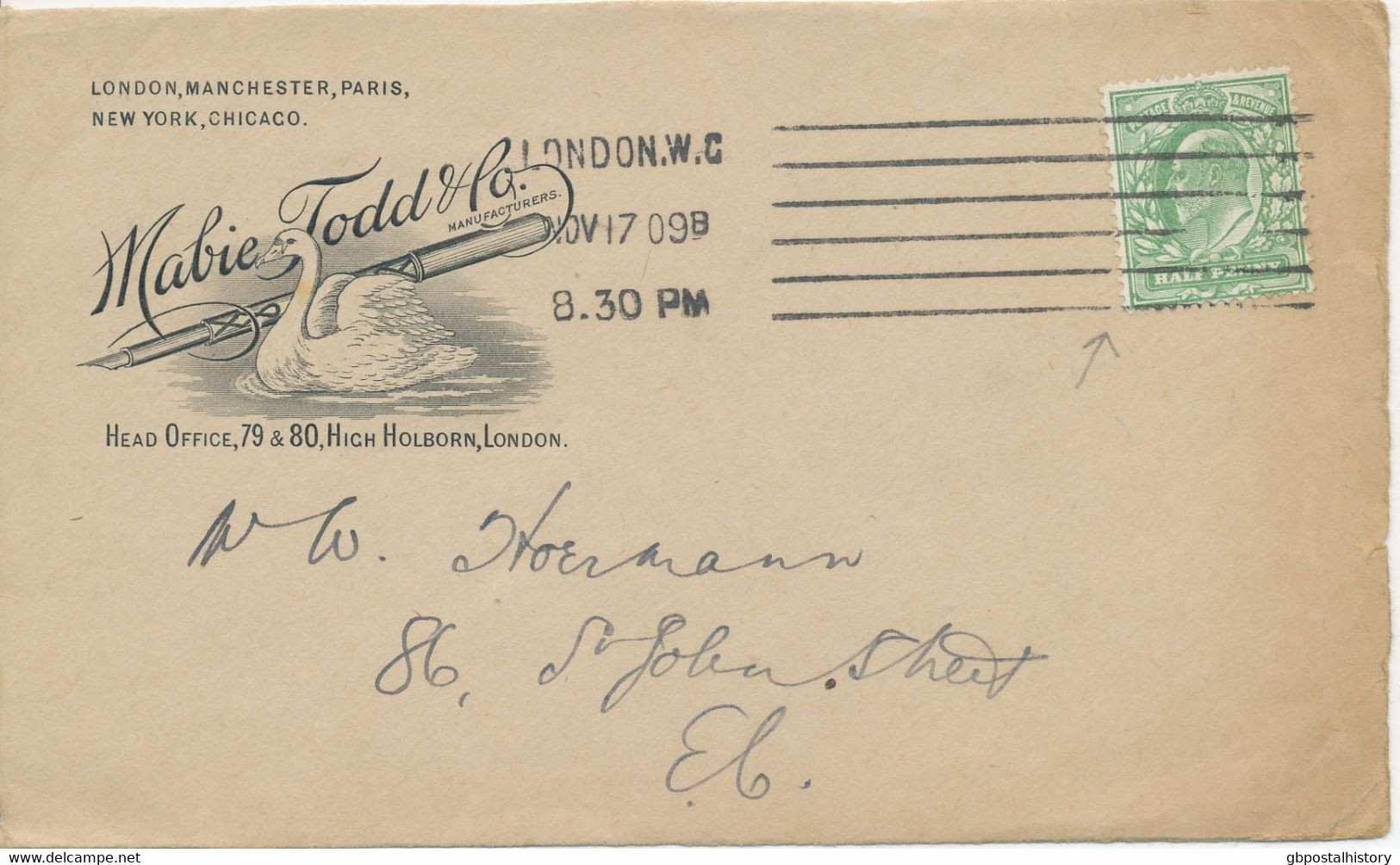 GB 1909 King Edward 1/2d Yellow-green On Very Fine Advertising Cover Front Side W Machine Postmark "LONDON.W.C", VARIETY - Variedades, Errores & Curiosidades