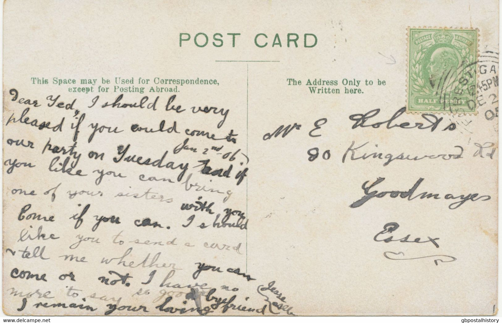GB 1905, King Edward 1/2d Yellow-green On Very Fine Postcard, VARIETY: Green Dot On Leaf To The Left Of The Nose - Variedades, Errores & Curiosidades