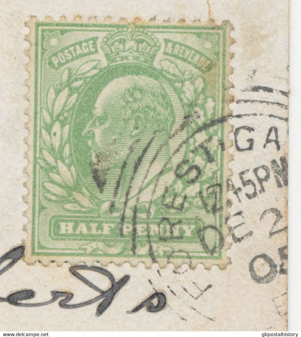 GB 1905, King Edward 1/2d Yellow-green On Very Fine Postcard, VARIETY: Green Dot On Leaf To The Left Of The Nose - Variétés, Erreurs & Curiosités