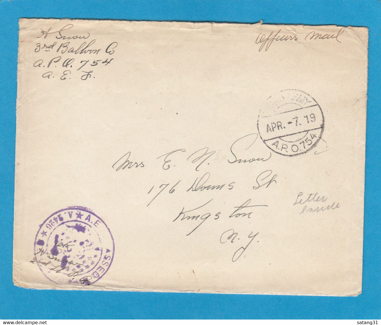 OFFICERS MAIL,THIRD ARMY APO. BRIEF MIT INHALT AUS DEUTSCHLAND NACH KINGSTON,NEW YORK.US ZENSURSTEMPEL,1919. - Covers & Documents