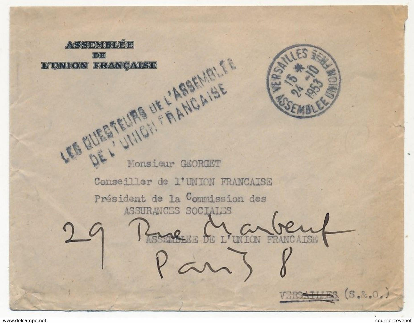 FRANCE - Env. En Tête Assemblée De L'Union Française - Cad VERSAILLES Assemblée... (id) + Griffe Questeurs - 1953 - Lettres & Documents