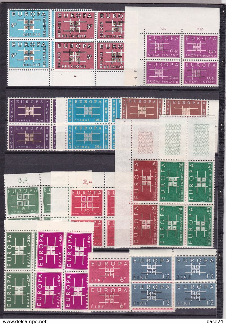 1963 EUROPA CEPT EUROPE ANNATA YEAR 4 Annate, 19 Paesi E 36 Valori In QUARTINA MNH** Angolare Block 4 INGRANAGGIO - GEAR - Années Complètes