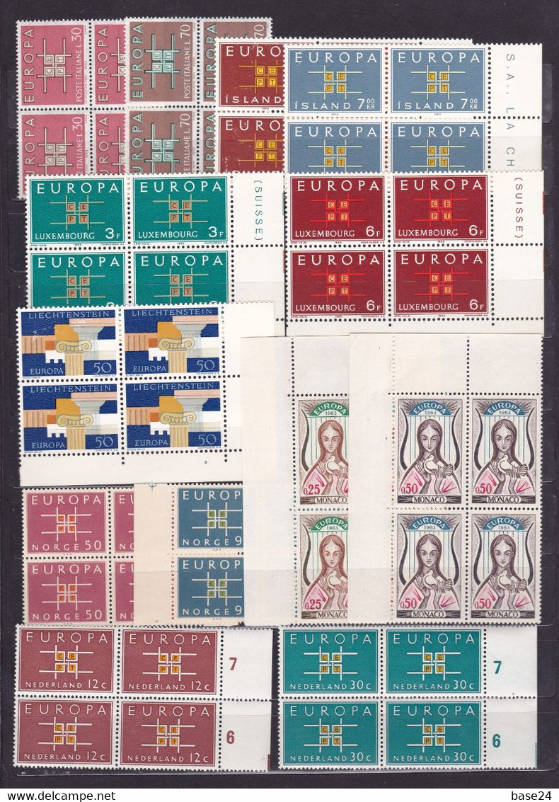 1963 EUROPA CEPT EUROPE ANNATA YEAR 4 Annate, 19 Paesi E 36 Valori In QUARTINA MNH** Angolare Block 4 INGRANAGGIO - GEAR - Années Complètes