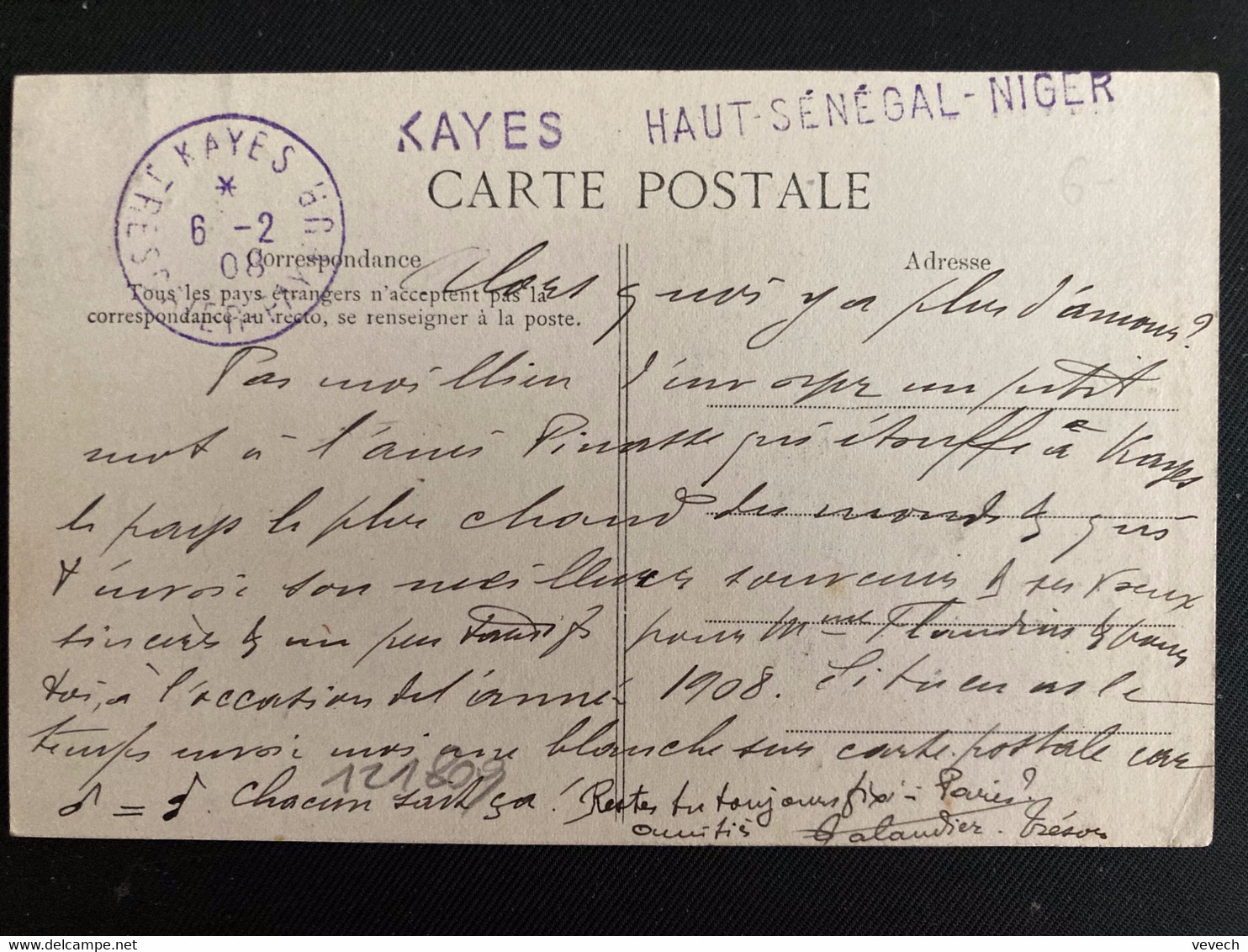 CP TP 2 SOUDAN FRANCAIS OBL.4 FEVR 08 KAYES + OBL. VIOLETTE 6-2 09 KAYES TRESORIER PAYEUR + Griffes KAYES + HAUT SENEGAL - Lettres & Documents