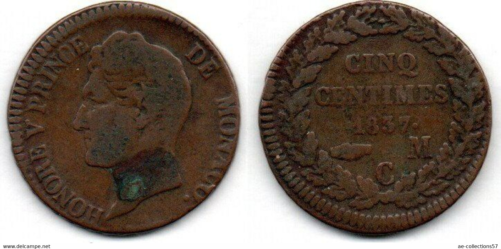 Monaco 5 Centimes 1837 MC B+ - 1819-1922 Honoré V, Charles III, Albert I