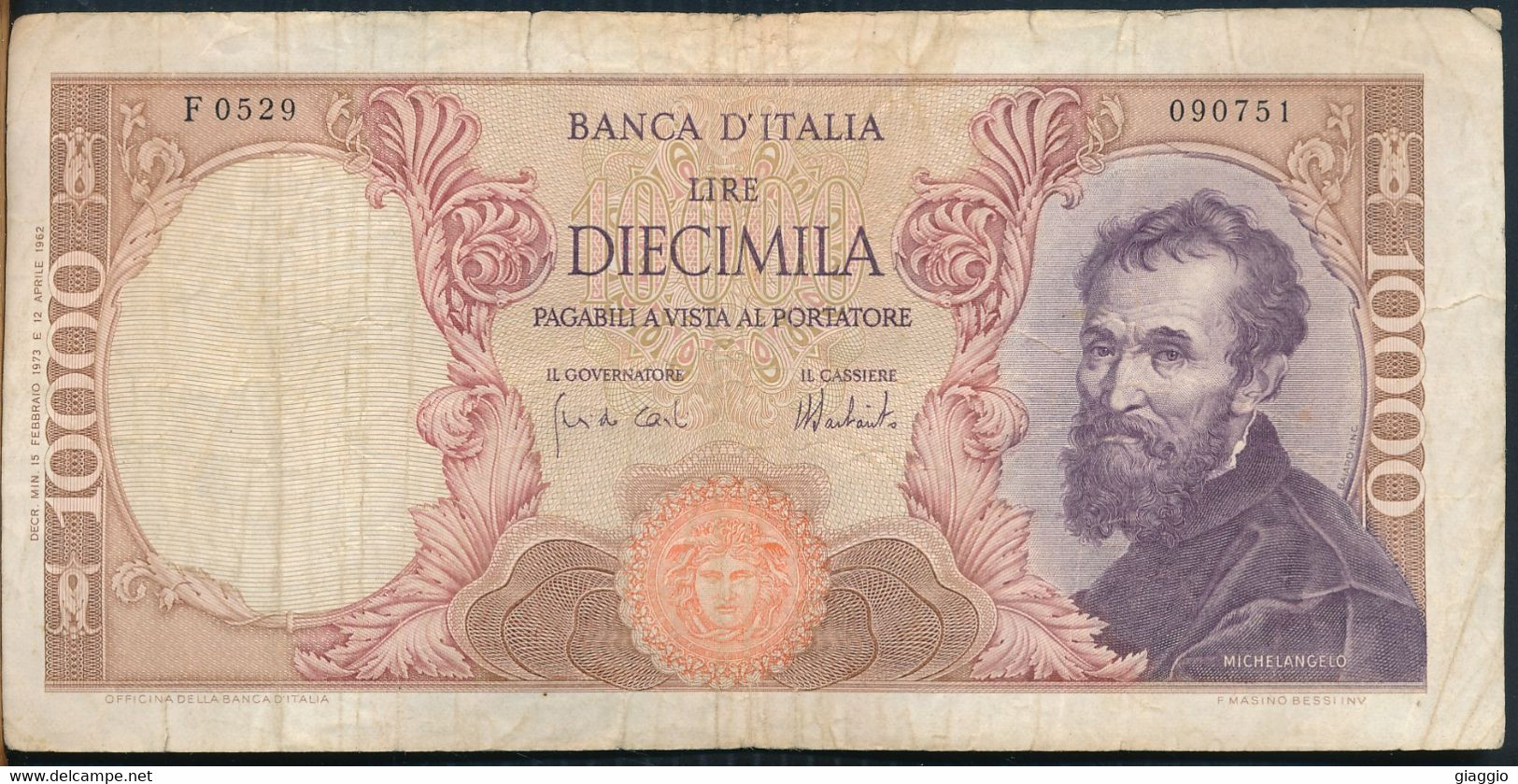 °°° ITALIA - 10000 LIRE MICHELANGELO 15/02/1973 SERIE F °°° - 10000 Lire