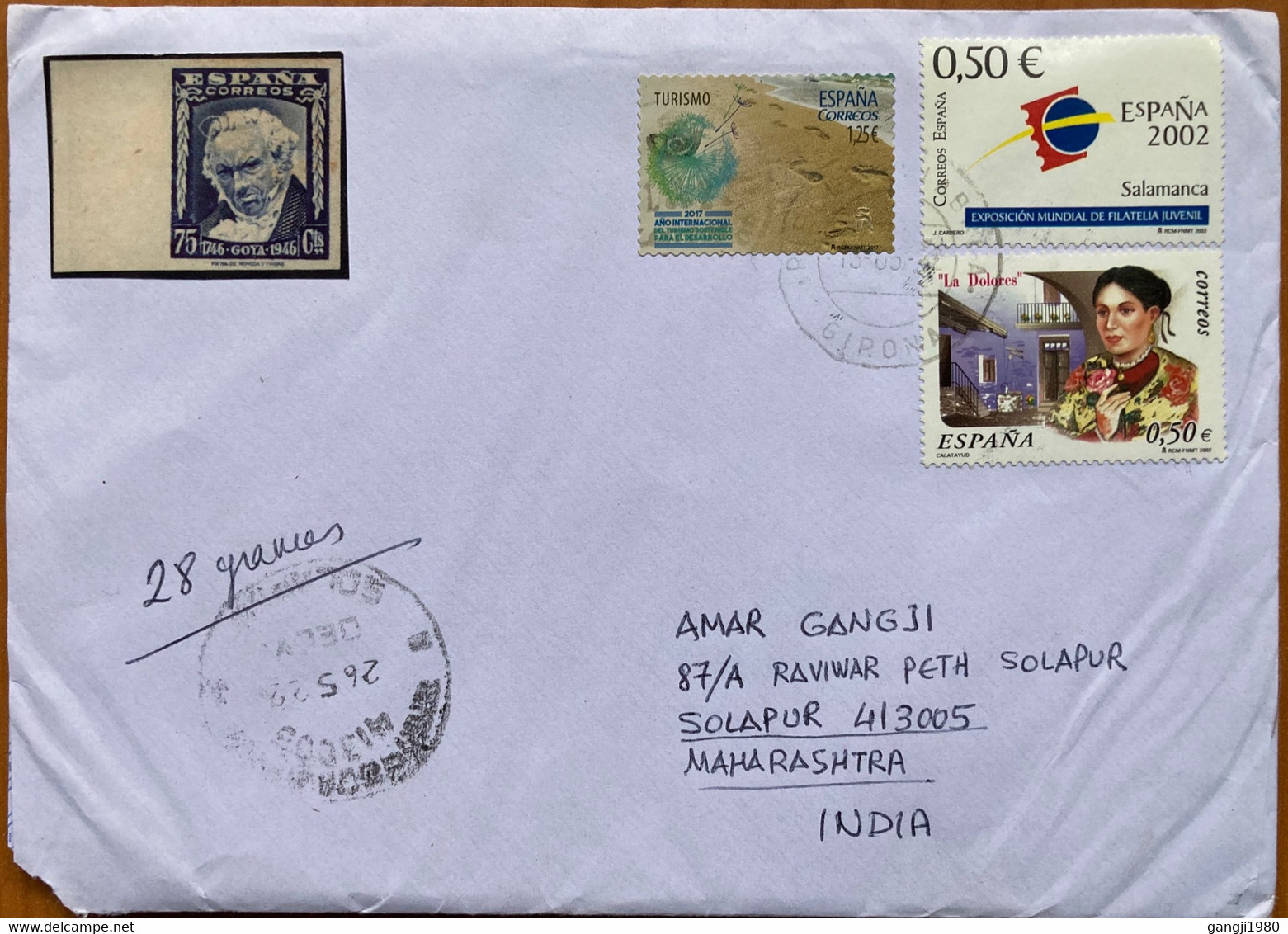 SPAIN 2022, ESPANA 2002, LA DOLORES ,TOURISM,VIGNETTE LABEL GOYA !! USED COVER TO INDIA - Lettres & Documents