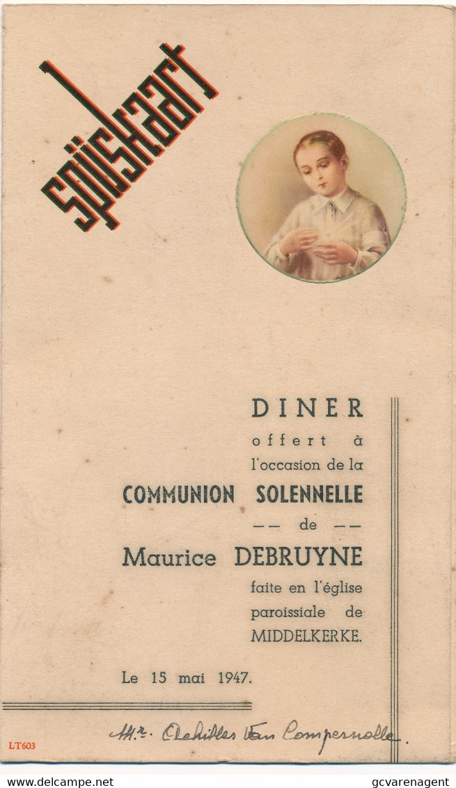 SPIJSKAART  15 MAI 1947  COMMUNION SOLENNELLE  18 X 10 CM     2 SCANS - Menus