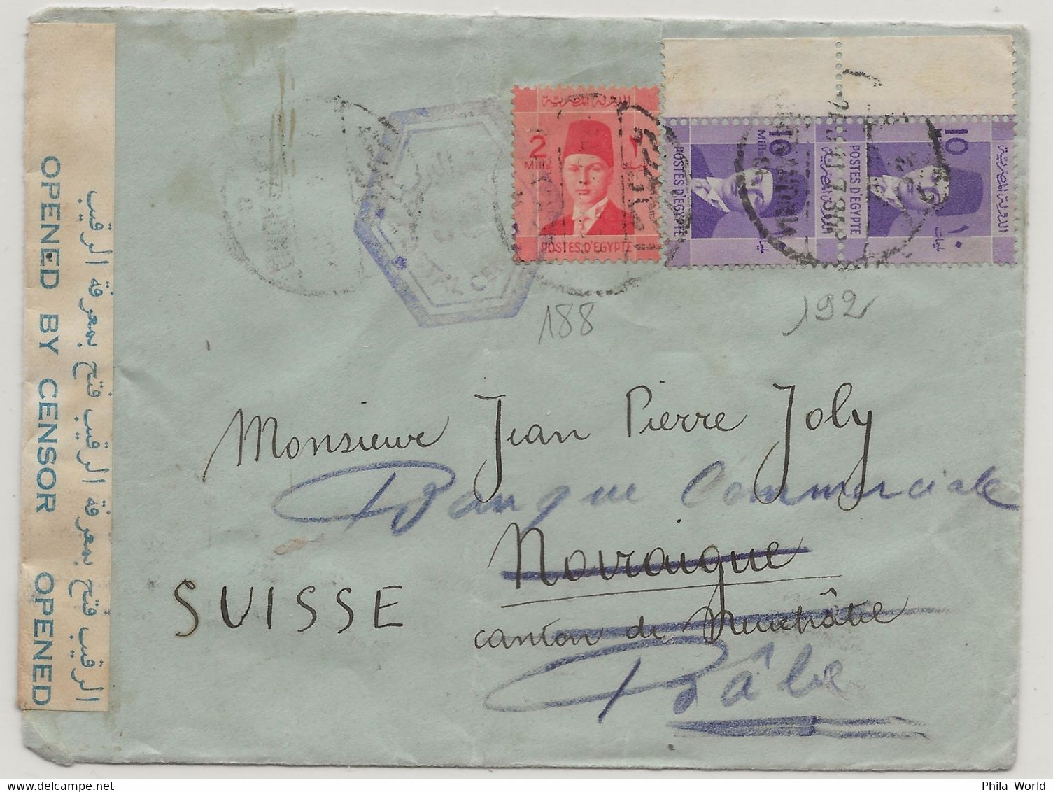 WW2 1941 EGYPT EGYPTE Cairo Egyptian Censorship Cover To SUISSE SWISS NOIRAIGUE Forwarded To Basel Bale - Guerre De 1939-45