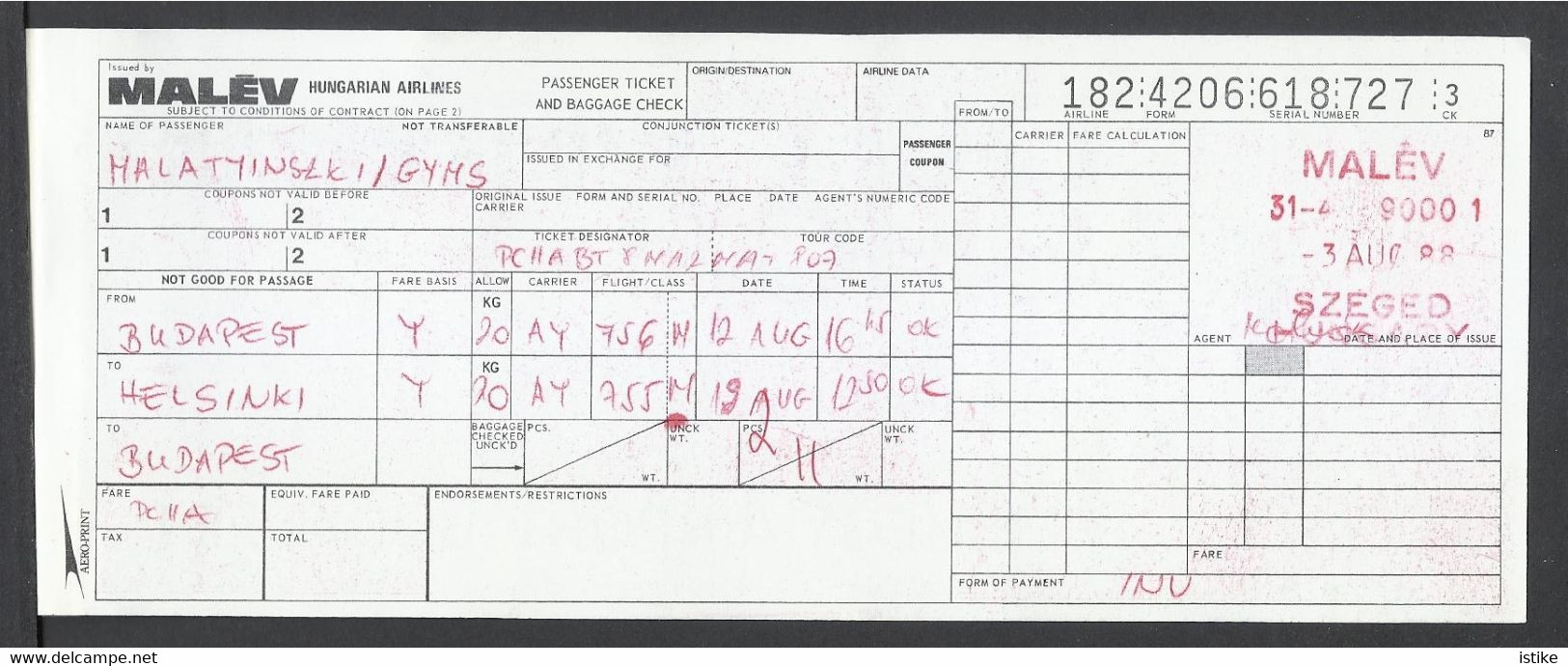 Hungarian Airlines, Malév, Ticket, Baggage Check And Holder, 1988. - Europe