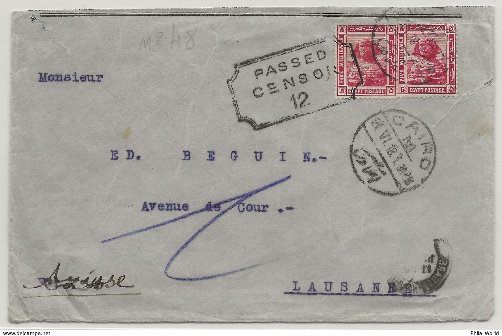 WW1 1918 EGYPT EGYPTE Cairo Egyptian Censorship Cover PASSED CENSOR 12 To SUISSE SWISS LAUSANNE - 1. Weltkrieg 1914-1918