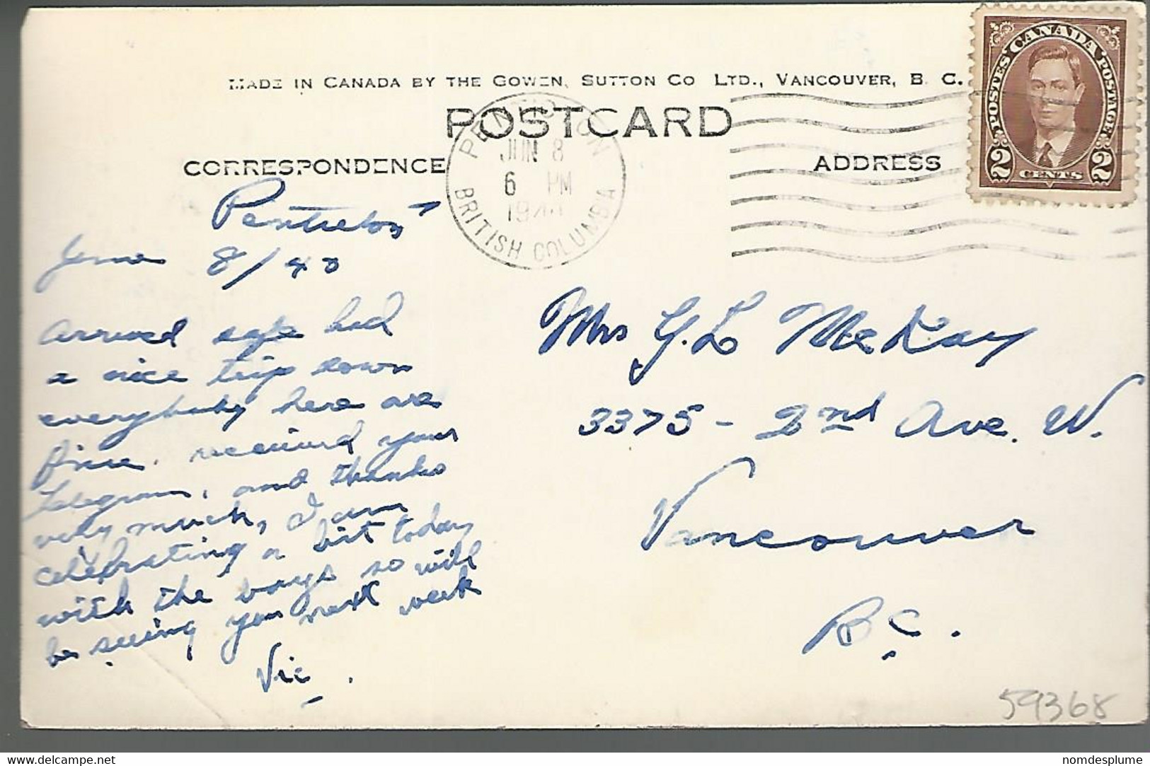 59368 ) BC Highway Okanagan Lake Penticton  Real Photo Postcard RPPC Undivided Back 1940 Postmark Cancel - Penticton