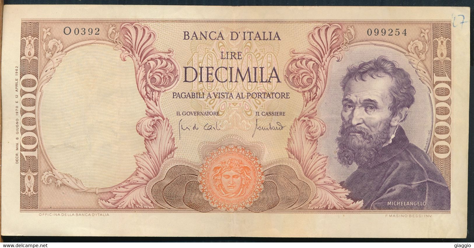 °°° ITALIA - 10000 LIRE MICHELANGELO 08/06/1970 SERIE O °°° - 10000 Lire