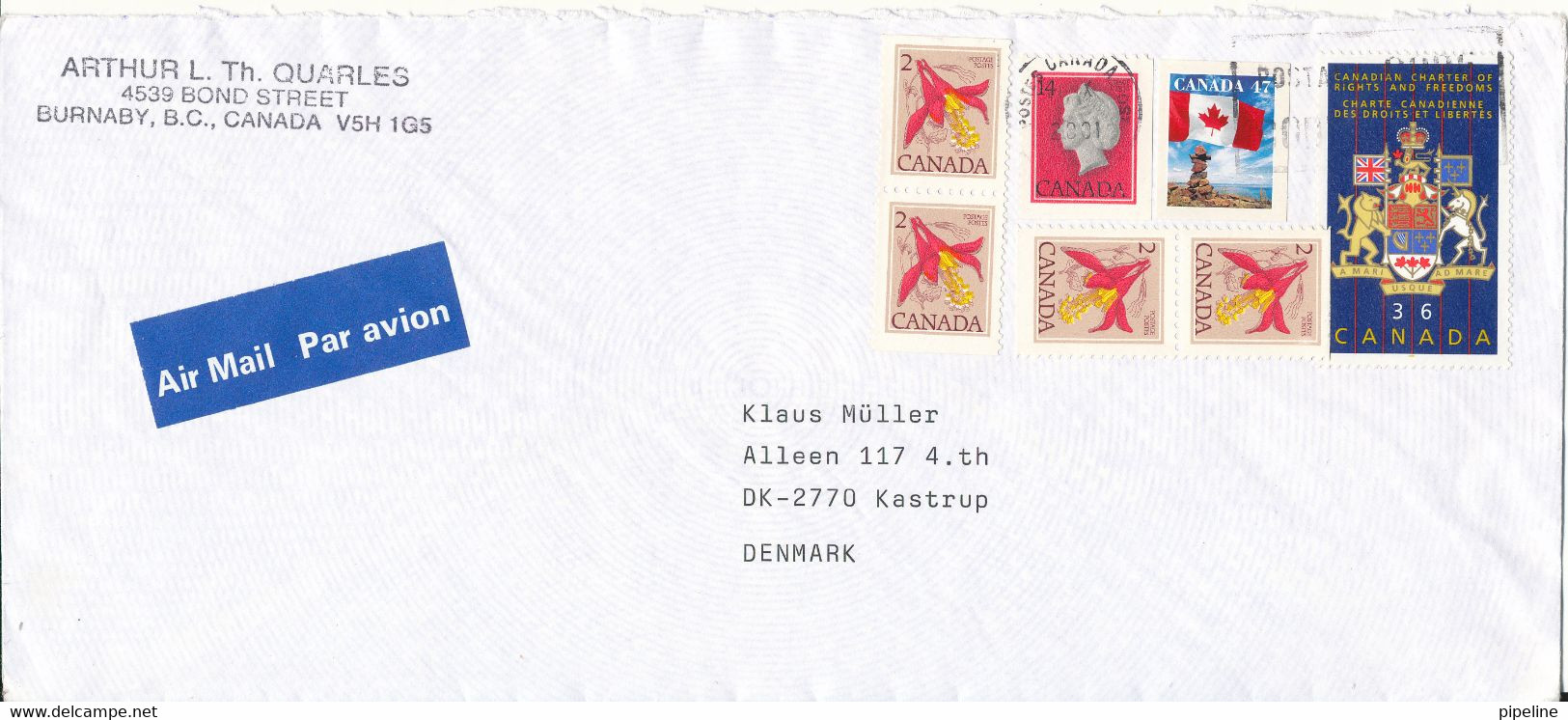 Canada Cover Sent Air Mail To Denmark 14-10-2001 - Storia Postale