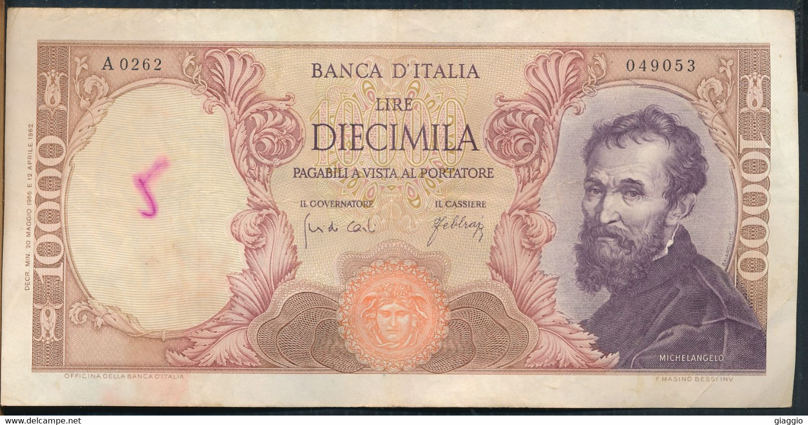 °°° ITALIA - 10000 LIRE MICHELANGELO 20/05/1966 SERIE A °°° - 10000 Lire