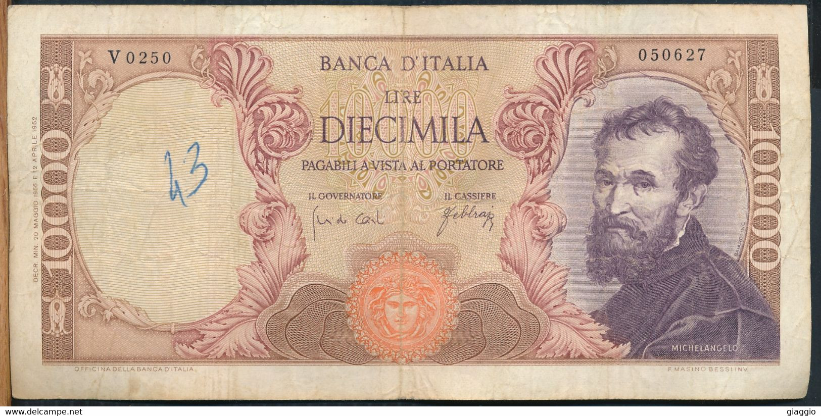 °°° ITALIA - 10000 LIRE MICHELANGELO 20/05/1966 SERIE V °°° - 10000 Lire