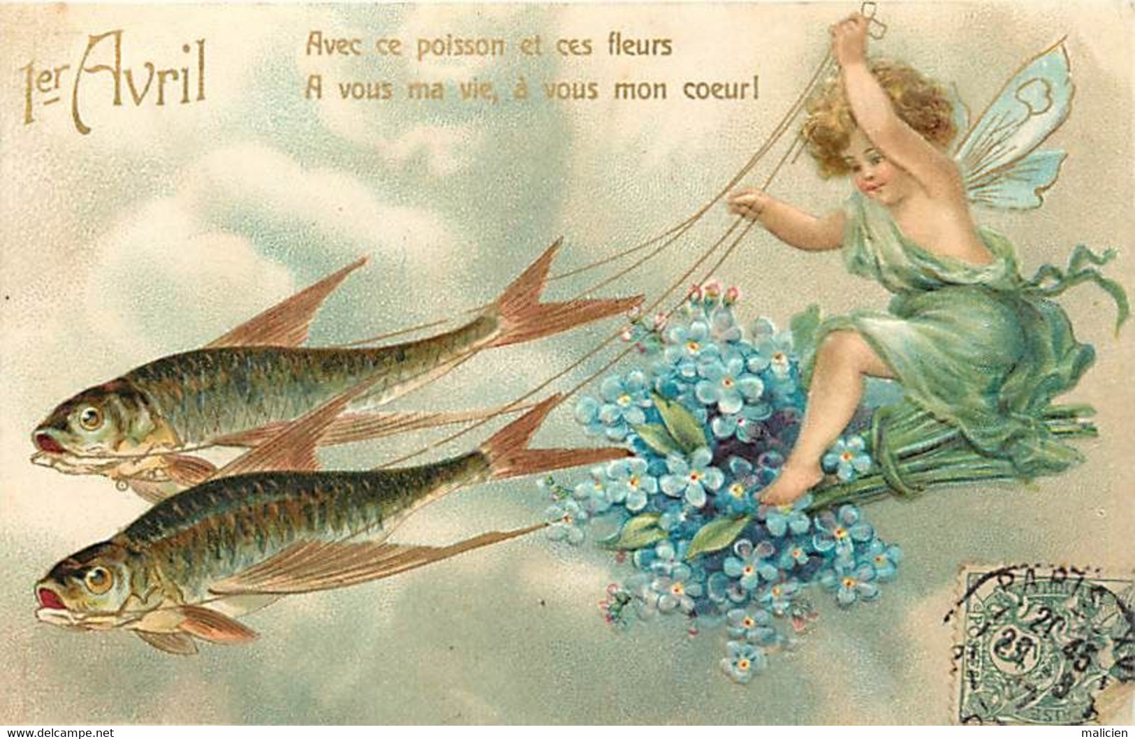 Thèmes Div.-ref-KK955- Carte Gaufrée -angelot Papillon - Anges - Ange - Angels -angel- Attelage Poisson 1er Avril - Anges