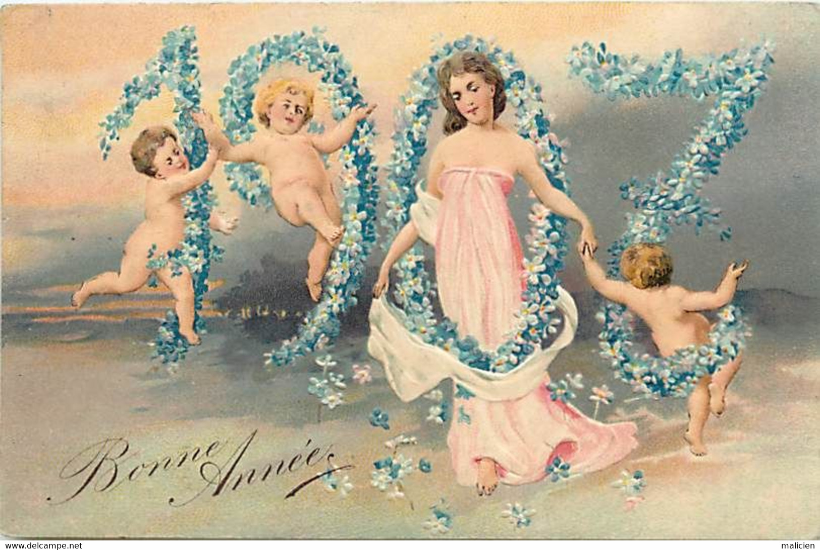 Thèmes Div.-ref-KK954- Carte Gaufrée -angelots  - Anges - Ange - Angels -angel- Bonne Année 1907- Myosotis - - Anges