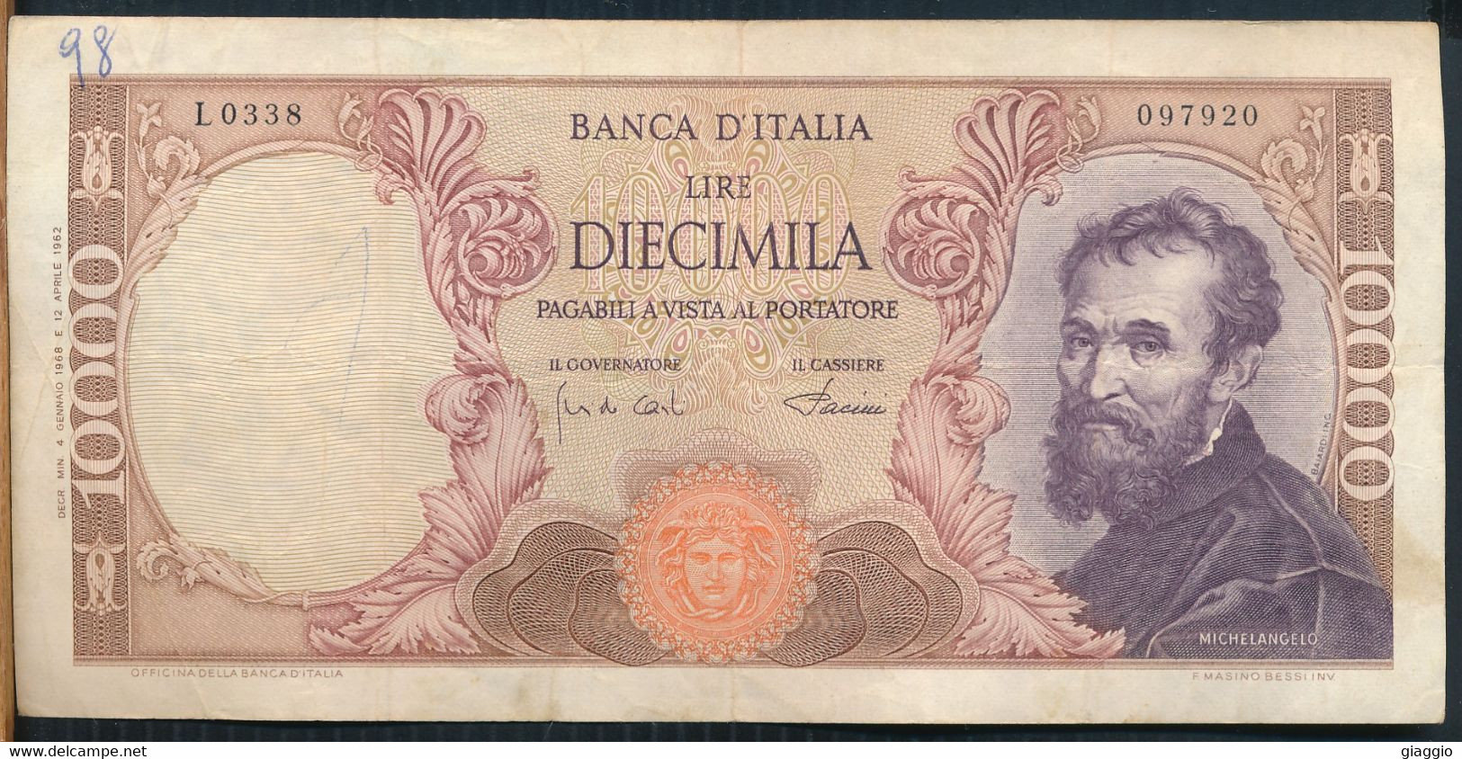 °°° ITALIA - 10000 LIRE MICHELANGELO 04/01/1968 SERIE L °°° - 10.000 Lire