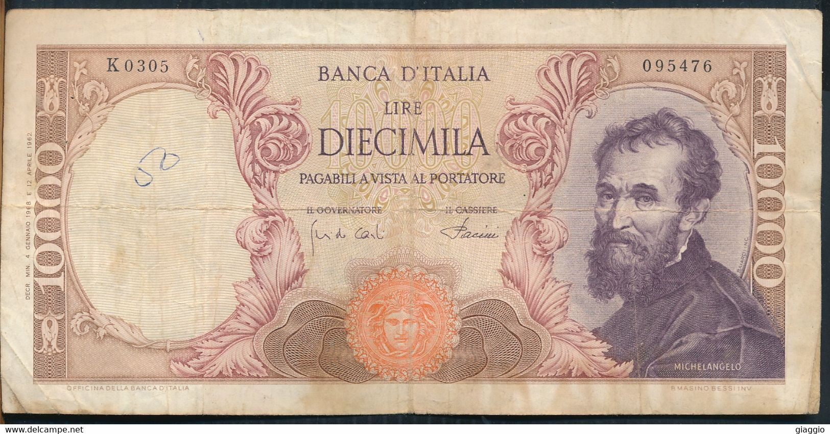°°° ITALIA - 10000 LIRE MICHELANGELO 04/01/1968 SERIE K °°° - 10.000 Lire