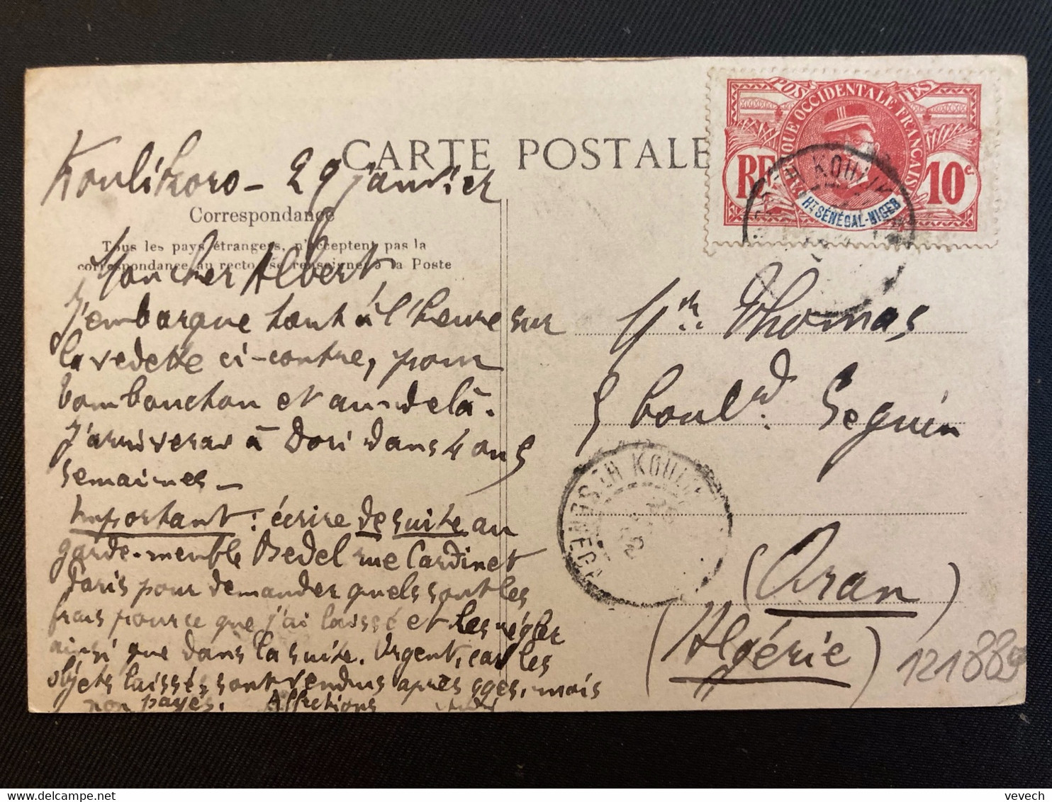 CP SOUDAN NIGER UNE VEDETTE POSTALE TP 10c OBL.20 JANV 12 KOULIKORO HT SENEGAL ET NIGER Pour ORAN ALGERIE - Cartas & Documentos