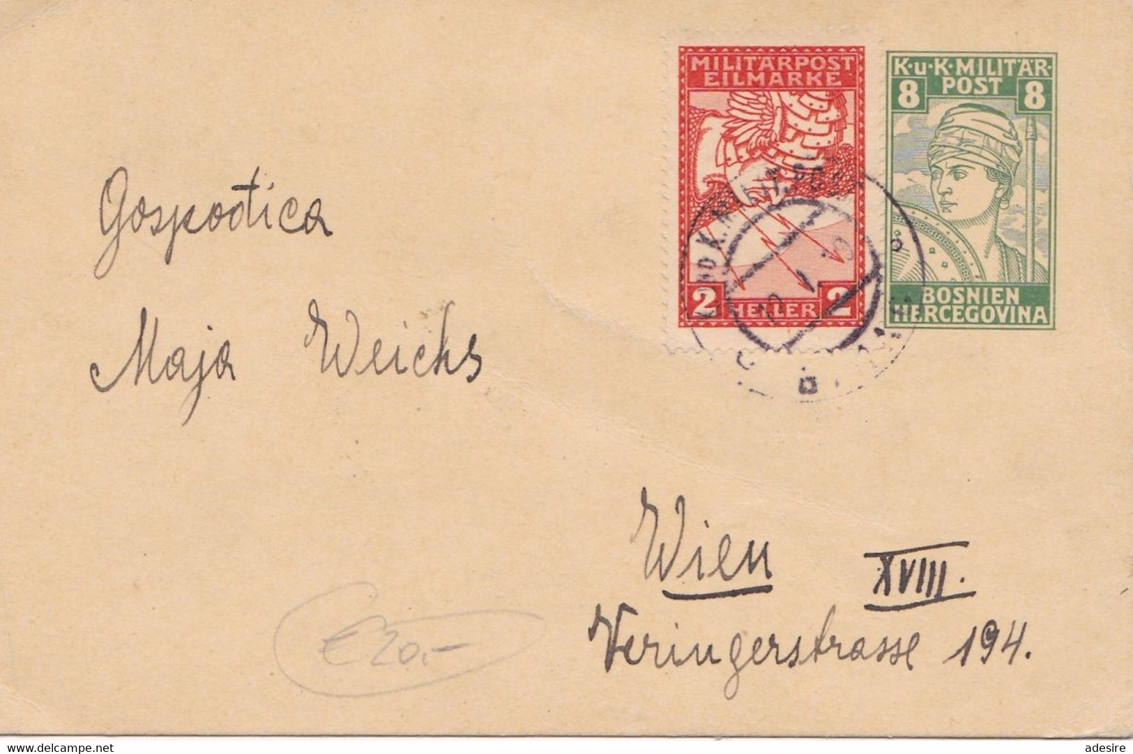 ÖSTERREICH BOSNIEN-HERZOGOVINA K.K.MILITÄRPOST 1919 - 8 Heller Ganzsache + 2 Heller Eilmarke (117) Auf Pk Gel.v. Mil ... - Abarten & Kuriositäten