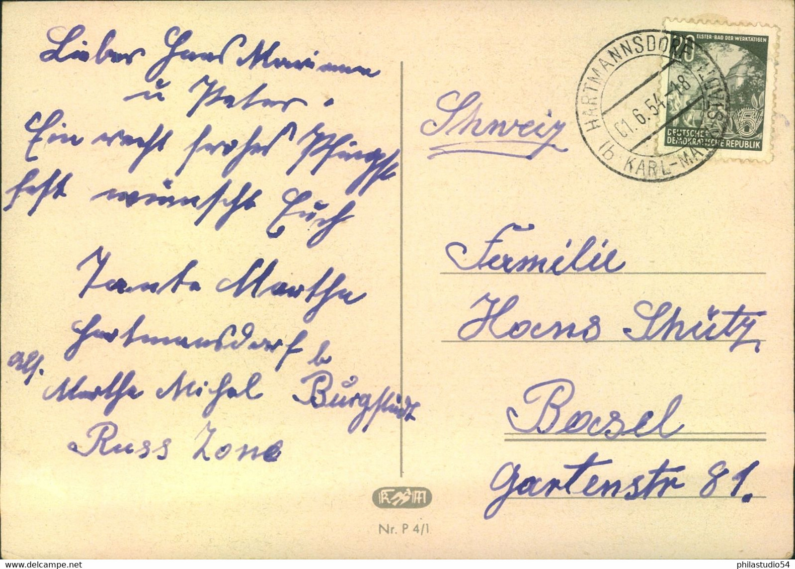 1954, 20 Pf. Fünfjagresplan Auf Postkarte In Die Schweiz - Lettres & Documents