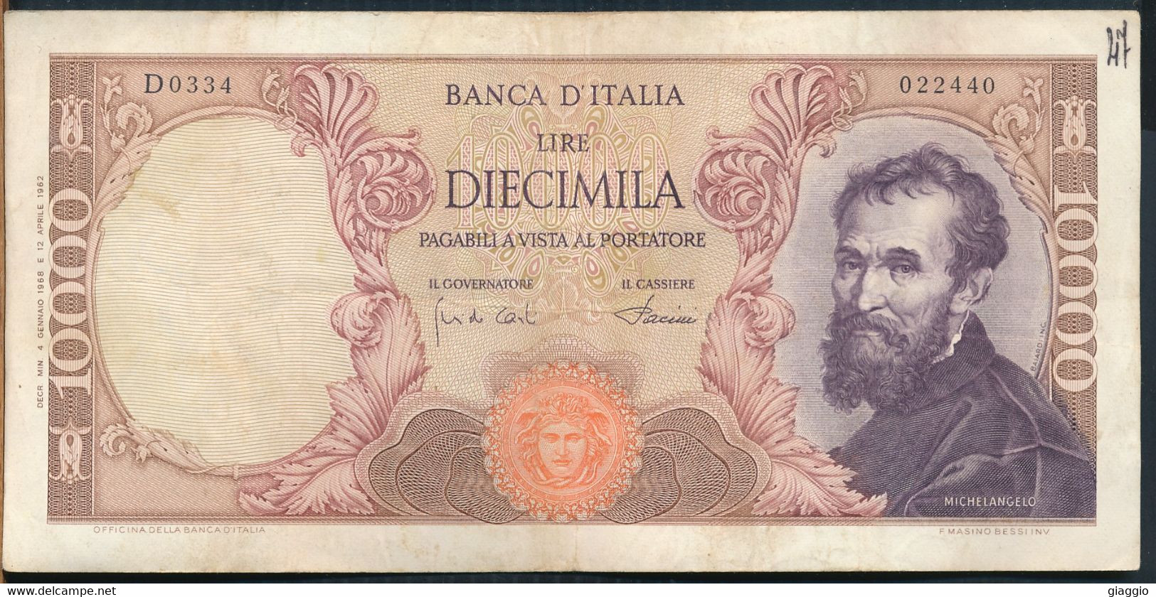 °°° ITALIA - 10000 LIRE MICHELANGELO 04/01/1968 SERIE D °°° - 10.000 Lire