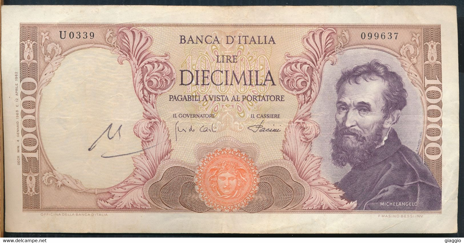 °°° ITALIA - 10000 LIRE MICHELANGELO 04/01/1968 SERIE U °°° - 10000 Lire