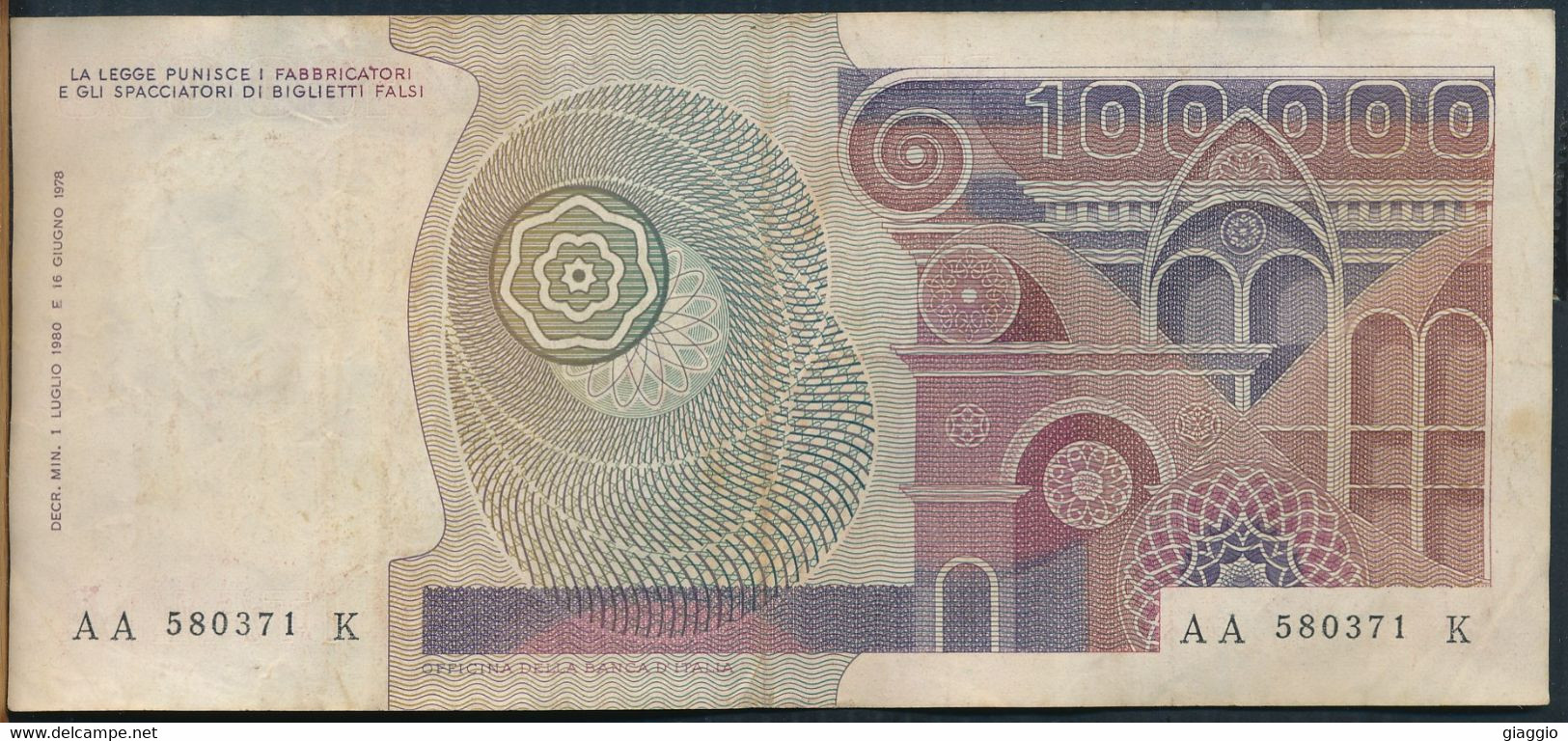 °°° ITALIA - 100000 LIRE BOTTICELLI 01/07/1980 SERIE AA °°° - 100.000 Lire